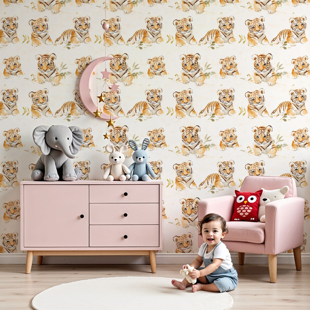 Soft-toned tiger mural wallpaper in modern nursery with natural wood crib by Kids-Mundo