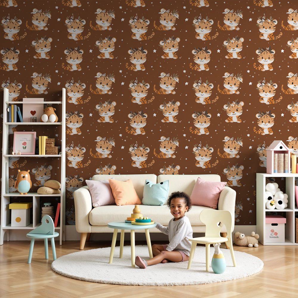 Tiger mural wallpaper creating magical nursery decor with starry night theme by Kids-Mundo