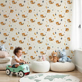 Tiger starry night mural wallpaper in cozy nursery setting by Kids-Mundo