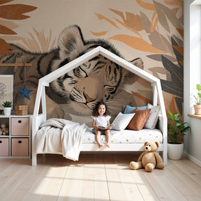 Sleeping tiger mural wallpaper creating peaceful jungle nursery decor by Kids-Mundo