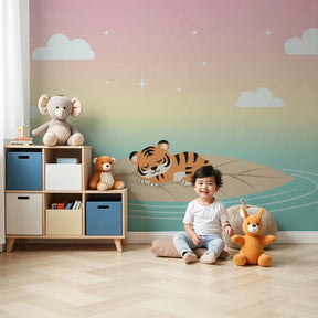 Sleeping tiger mural wallpaper creating peaceful nursery atmosphere with dreamy pink and blue colors by Kids-Mundo