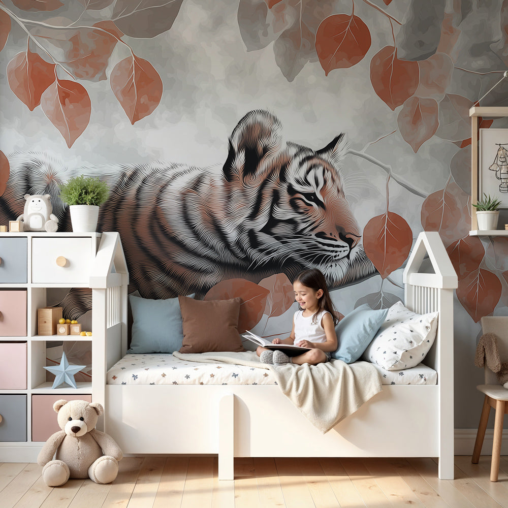 Peaceful tiger mural wallpaper with elegant foliage in modern nursery by Kids-Mundo