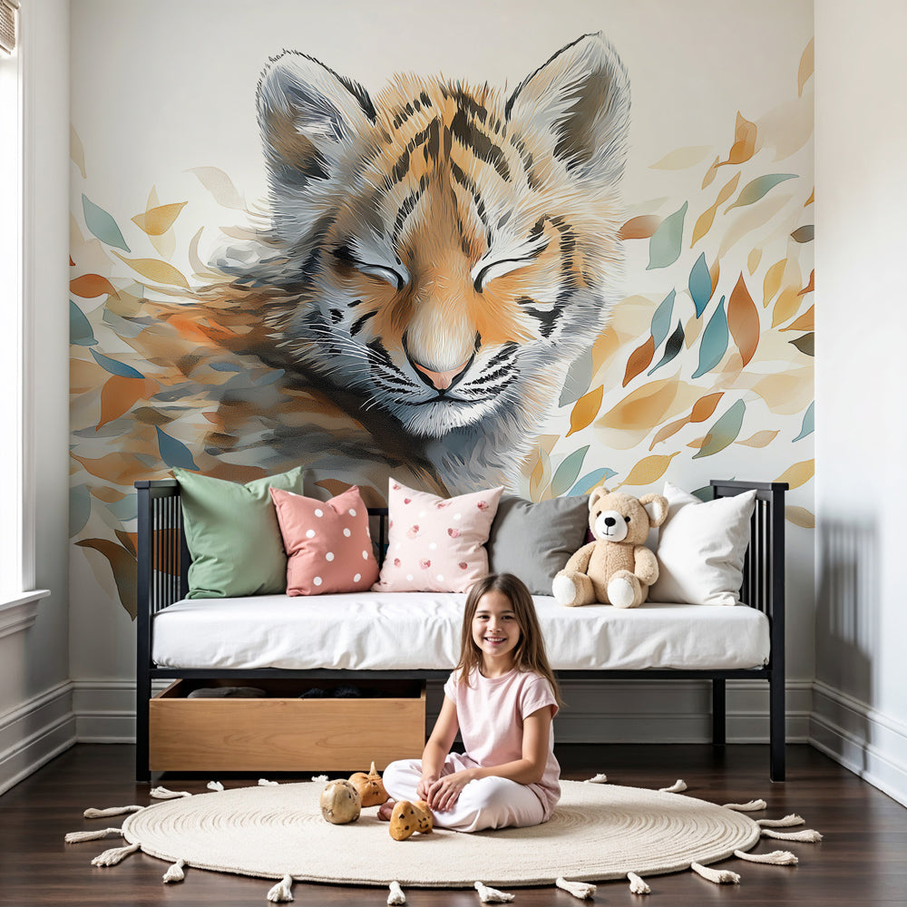 Gentle tiger mural wallpaper creating peaceful nursery atmosphere with natural wood crib by Kids-Mundo