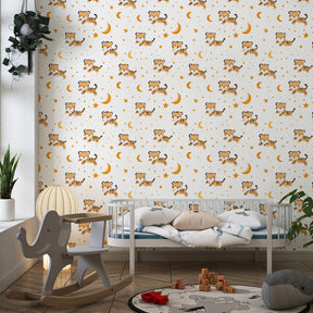 Starry sky tiger wallpaper creating magical nursery decor with warm beige tones
