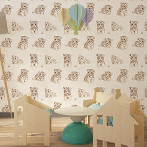 Safari tiger mural wallpaper bringing warm animal theme to kids playroom decor