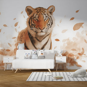 Orange and brown tiger mural wallpaper transforming children's playroom into wildlife sanctuary