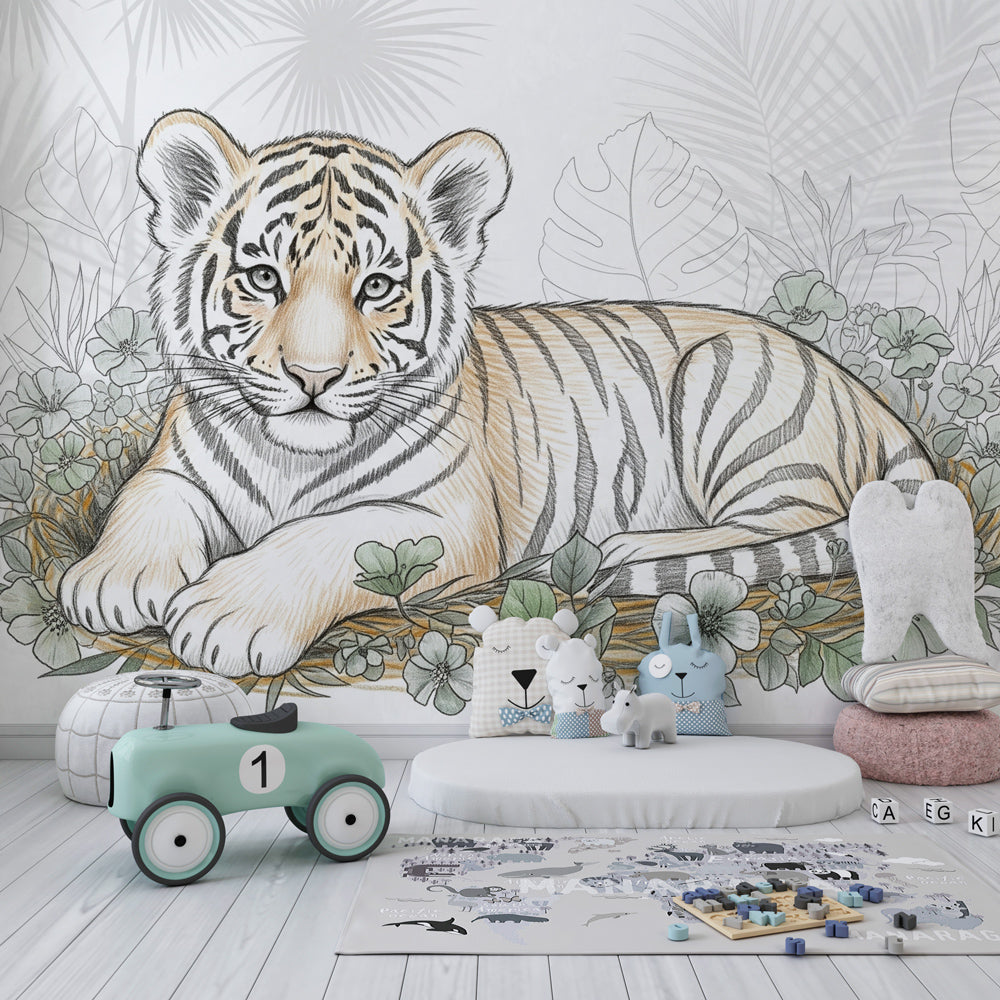 Gentle tiger and floral mural wallpaper decorating modern children's playroom space