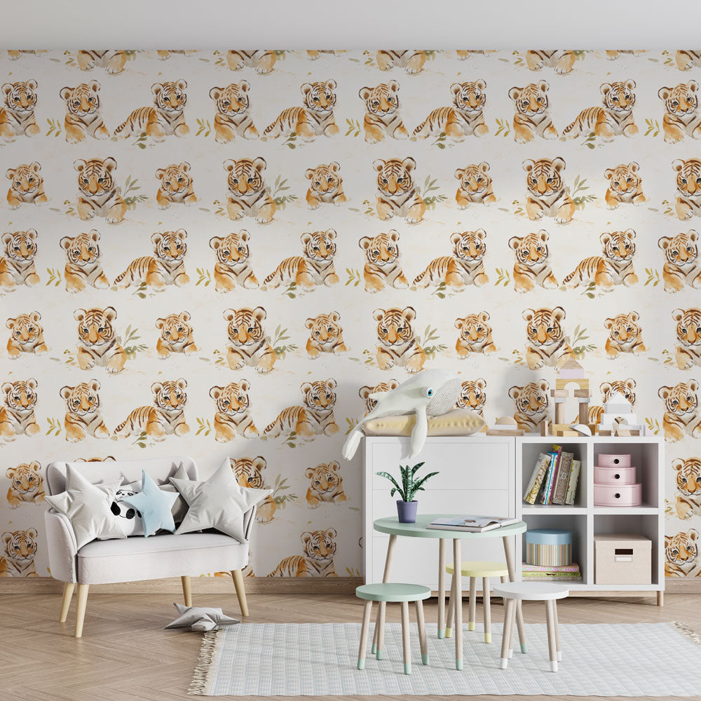 Gentle safari tiger mural wallpaper transforming kids playroom into adventure space