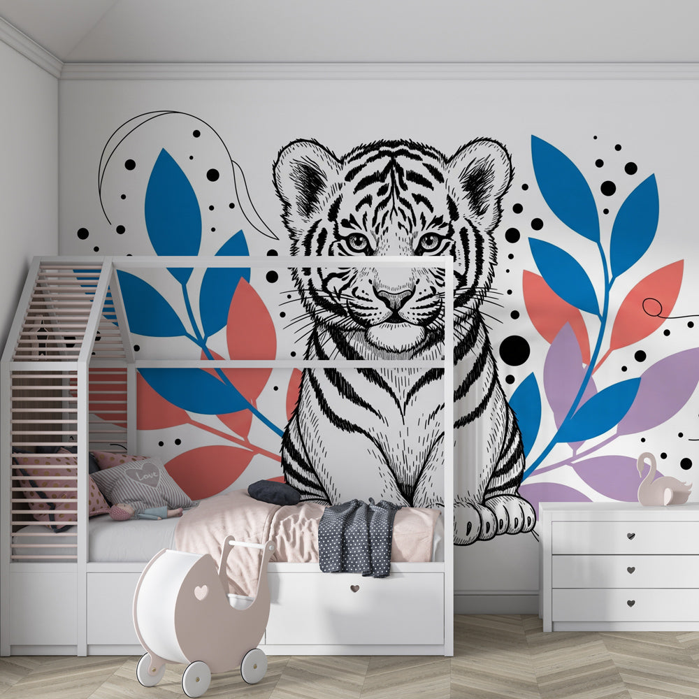 Wildlife tiger mural wallpaper creating adventurous playroom atmosphere for children