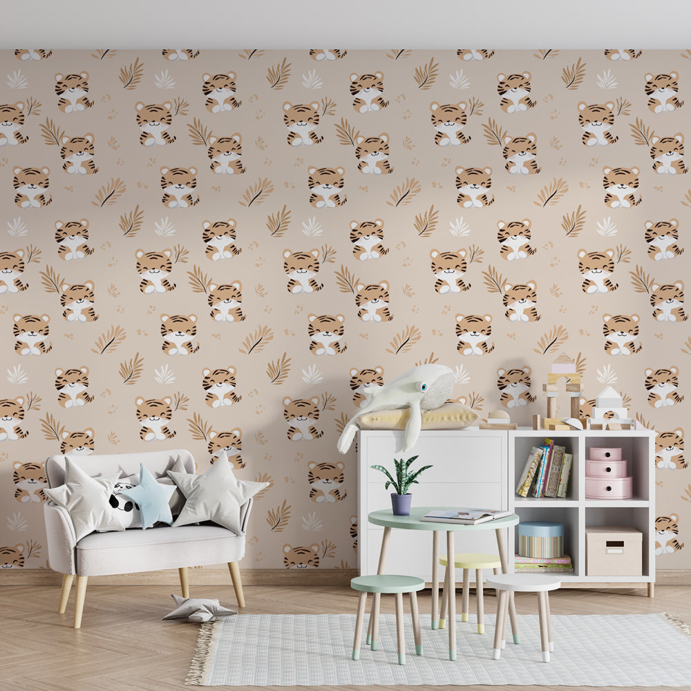 Animal themed tiger mural wallpaper inspiring imaginative play in kids playroom setting