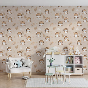 Animal themed tiger mural wallpaper inspiring imaginative play in kids playroom setting
