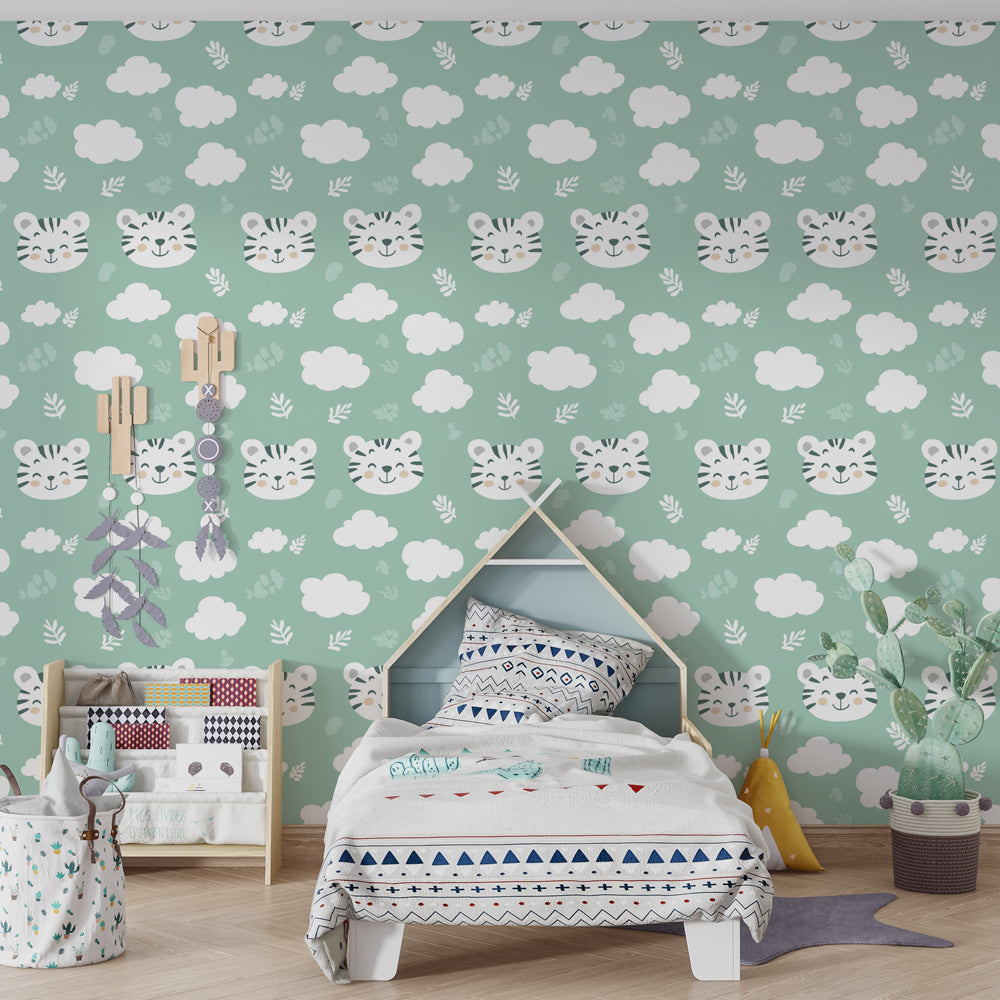 Smiling tiger faces wallpaper with clouds and leaves in colorful kids playroom