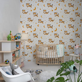 Tiger adventure mural wallpaper in children's playroom with natural wood furniture
