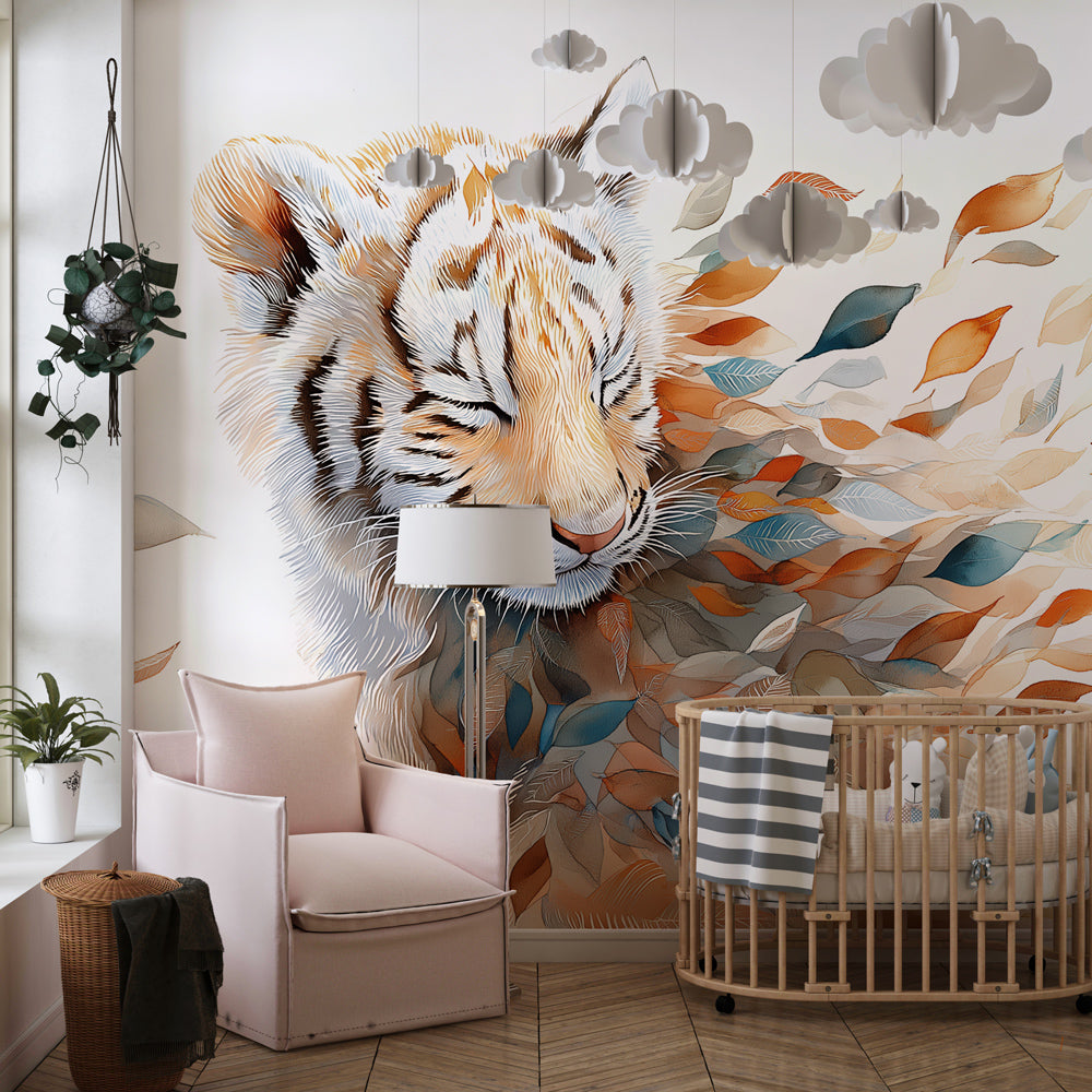 Wildlife tiger mural wallpaper creating inspiring animal-themed playroom decor with natural wood furniture