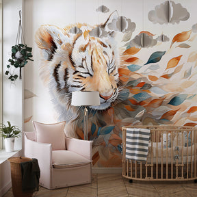 Wildlife tiger mural wallpaper creating inspiring animal-themed playroom decor with natural wood furniture