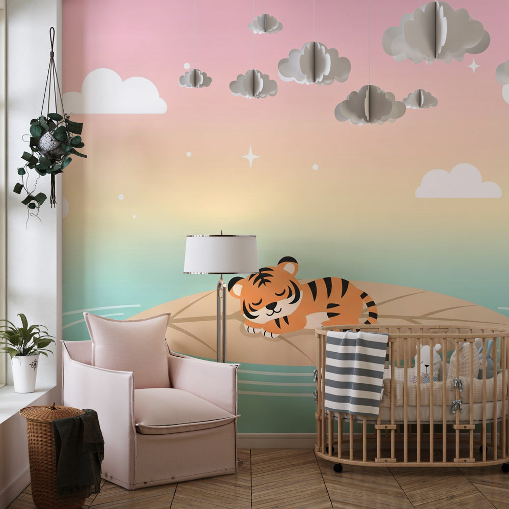 Whimsical tiger mural wallpaper with stars and clouds creating magical playroom environment for children