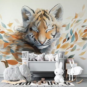 Nature-themed tiger wallpaper transforming kids playroom into serene botanical sanctuary