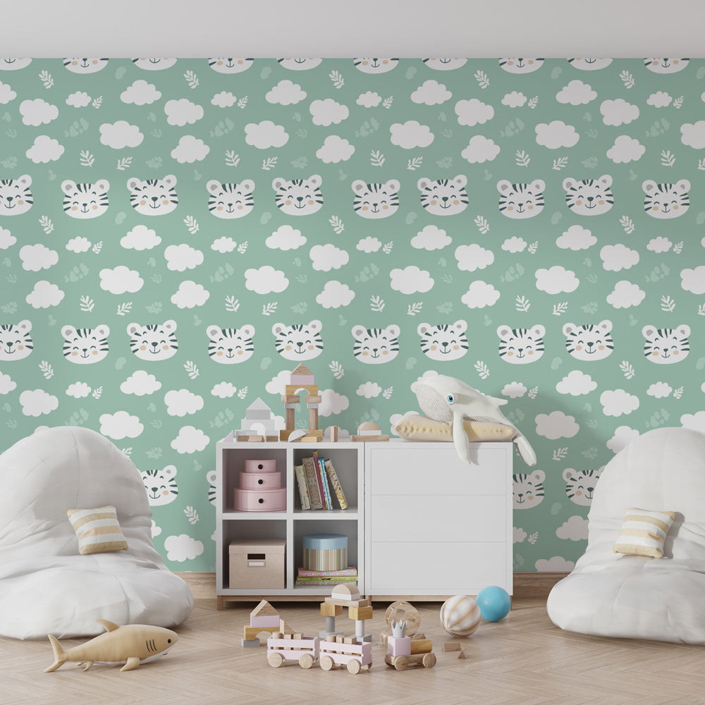 Cute tiger animal wallpaper creating playful atmosphere in children's bedroom decor