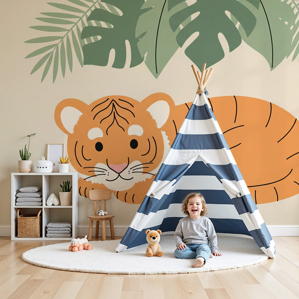 Tiger mural wallpaper creating tropical jungle atmosphere in modern kids bedroom by Kids-Mundo