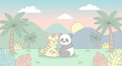 Kids-Mundo flat artwork of a tiger and panda sitting together in a pastel tropical landscape.