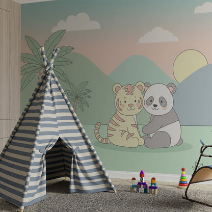 Kids-Mundo tiger and panda wall mural bringing tropical charm to a bright playroom wall.