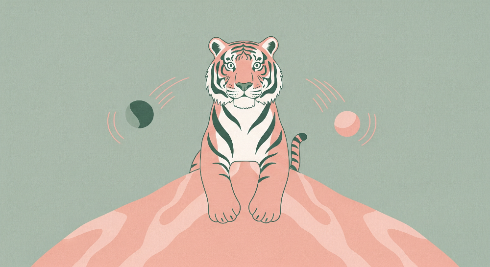 Kids-Mundo flat artwork of a stylised tiger sitting on a pastel pink hill