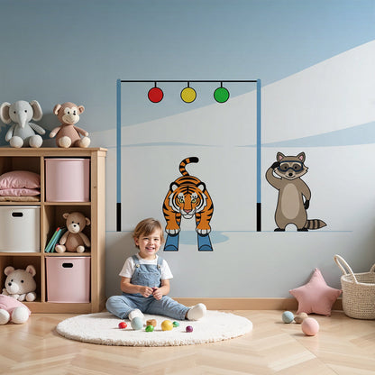 Kids-Mundo tiger and raccoon snow game wall mural in a bright, cosy nursery room