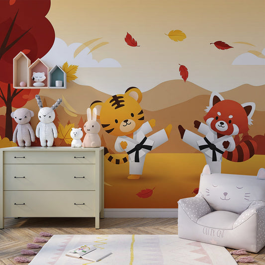 Kids-Mundo tiger and red panda karate wall mural covering a bedroom wall with falling autumn leaves.
