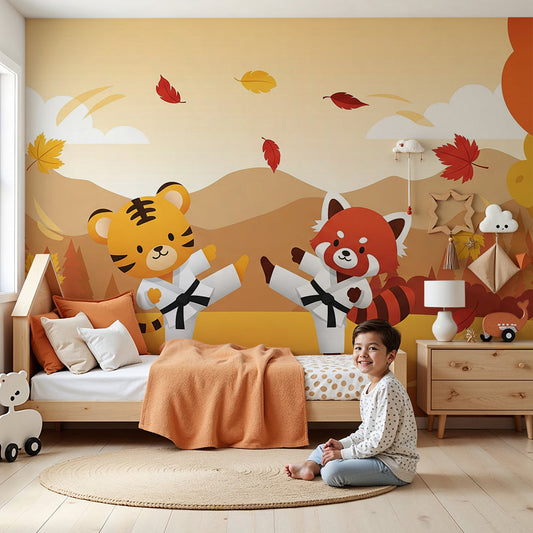 Kids-Mundo tiger and red panda autumn karate wall mural installed beside a crib in a warm-toned nursery room.
