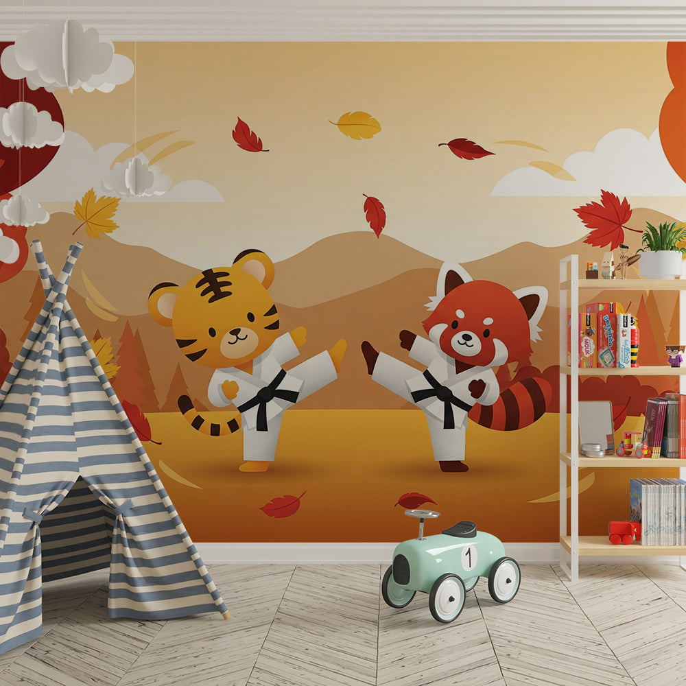 Kids-Mundo autumn karate wall mural styled behind a play mat and cushions in a children's playroom.