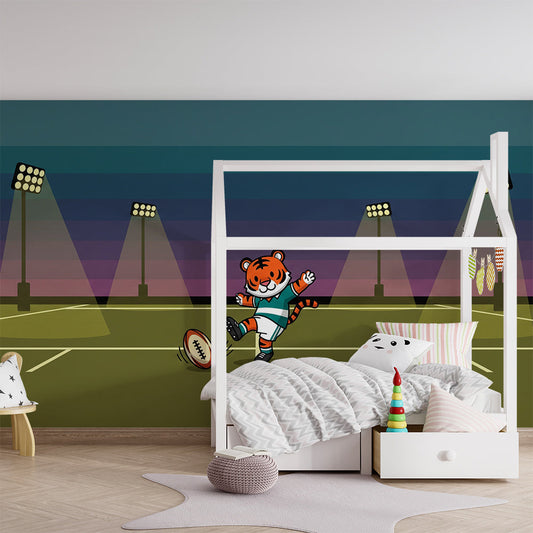 Kids-Mundo tiger rugby wall mural covering a feature wall in a boy's bedroom under a twilight sky.