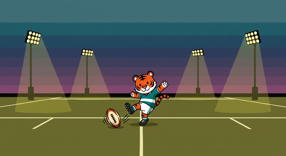 Flat artwork preview of the Kids-Mundo tiger rugby player wall mural kicking under stadium floodlights.