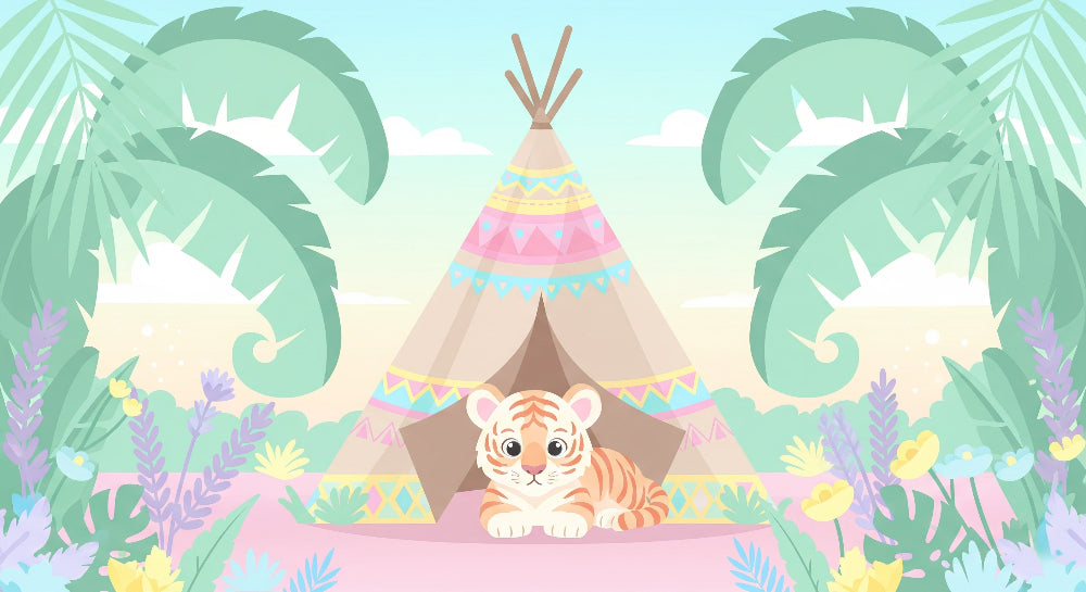 Detailed tiger tipi safari mural wallpaper design pattern with tropical foliage by Kids-Mundo