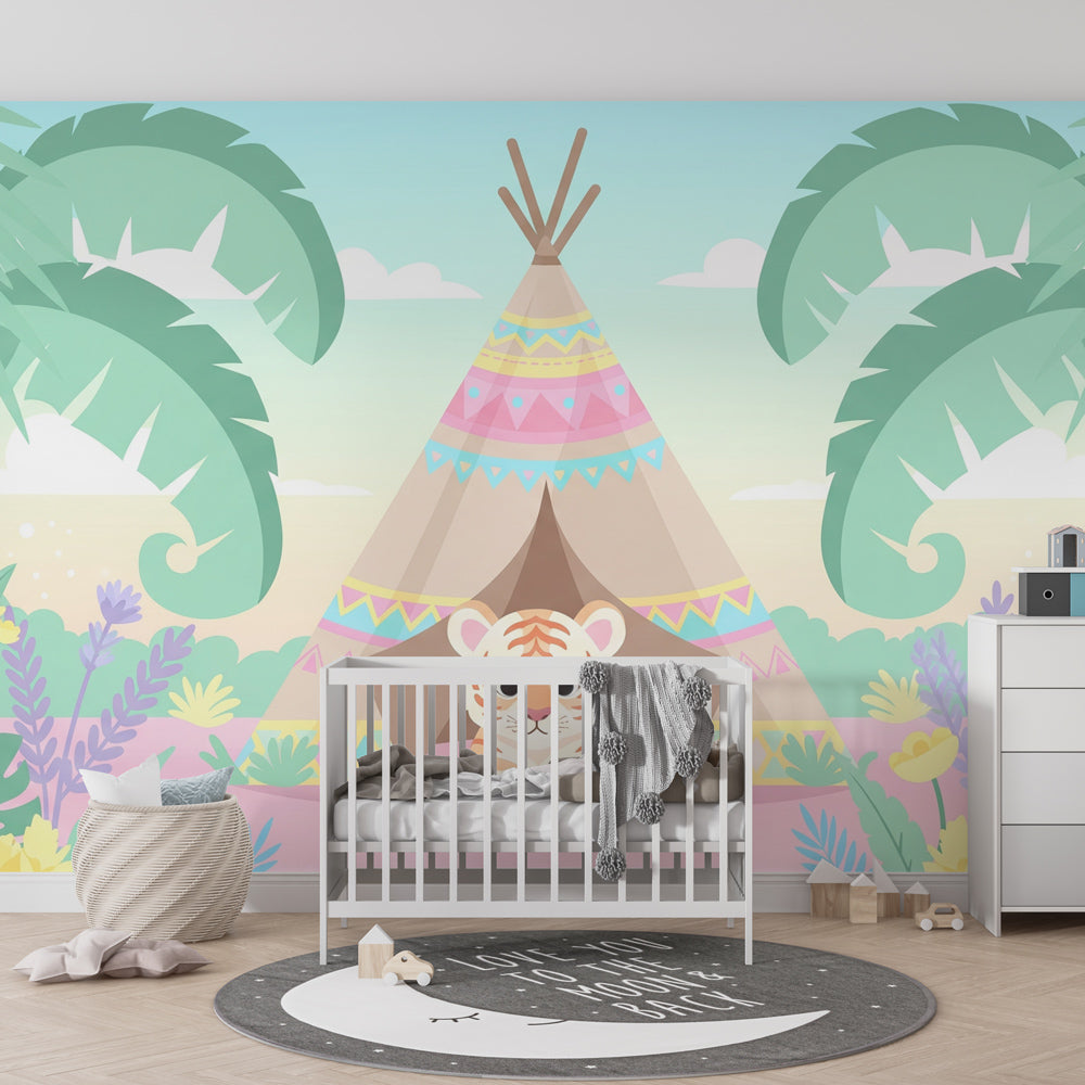 Safari adventure mural wallpaper featuring friendly tiger and tropical plants for kids playroom