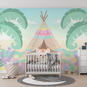 Safari adventure mural wallpaper featuring friendly tiger and tropical plants for kids playroom