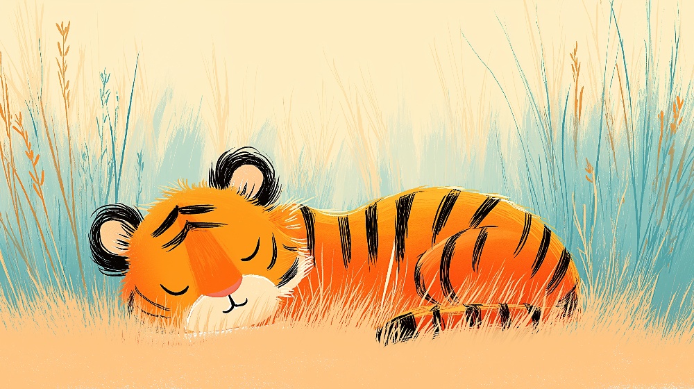 Kids-Mundo flat artwork of a tiger cub sleeping curled up in golden meadow grass
