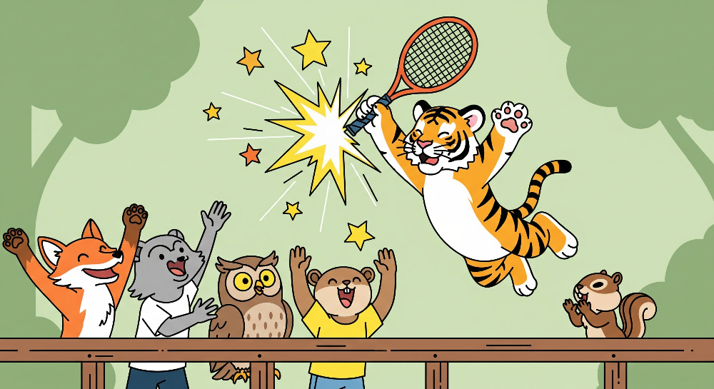 Tiger Playing Tennis with Cheering Animal Friends Wall Mural