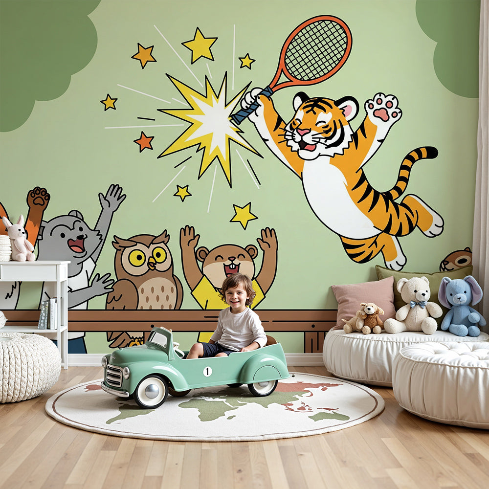 Kids-Mundo tiger tennis wall mural with cheering animal friends printed made to measure in a nursery.
