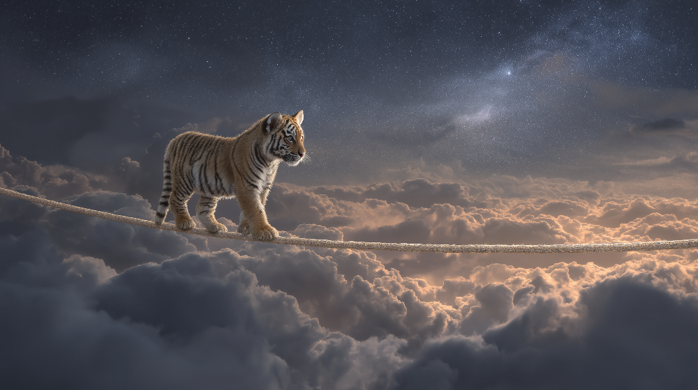 Kids-Mundo flat artwork of a tiger cub walking a tightrope above starlit clouds.