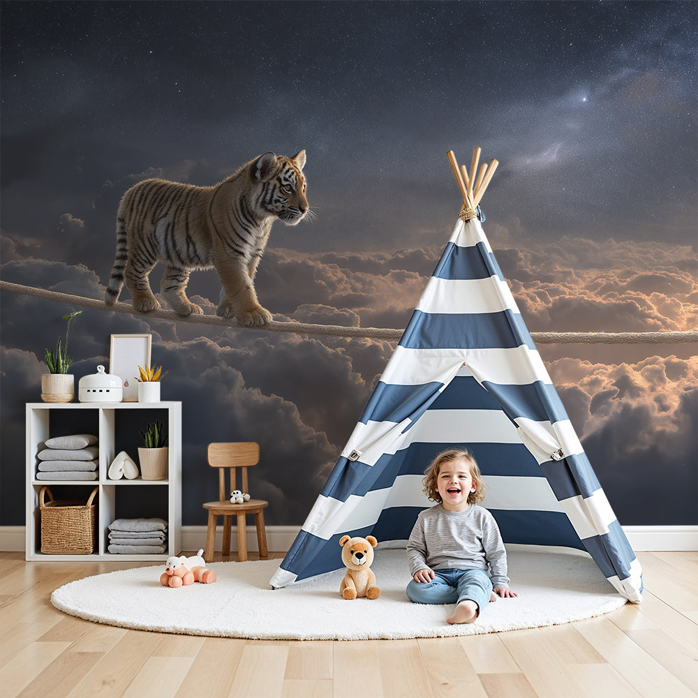 Kids-Mundo starry tiger cub wall mural bringing a dreamy night-sky feel to a nursery.