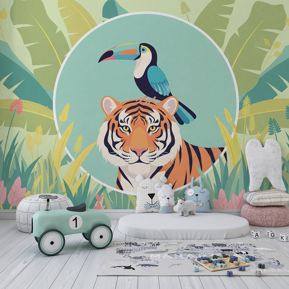 Kids-Mundo circular tiger and toucan wall mural design in a bright kids bedroom