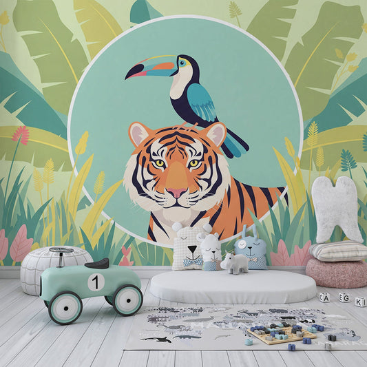 Kids-Mundo circular tiger and toucan wall mural design in a bright kids bedroom