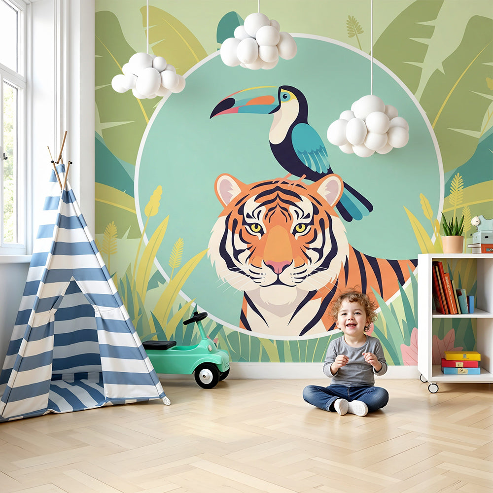 Kids-Mundo tiger and toucan jungle wall mural in soft pastel green nursery setting
