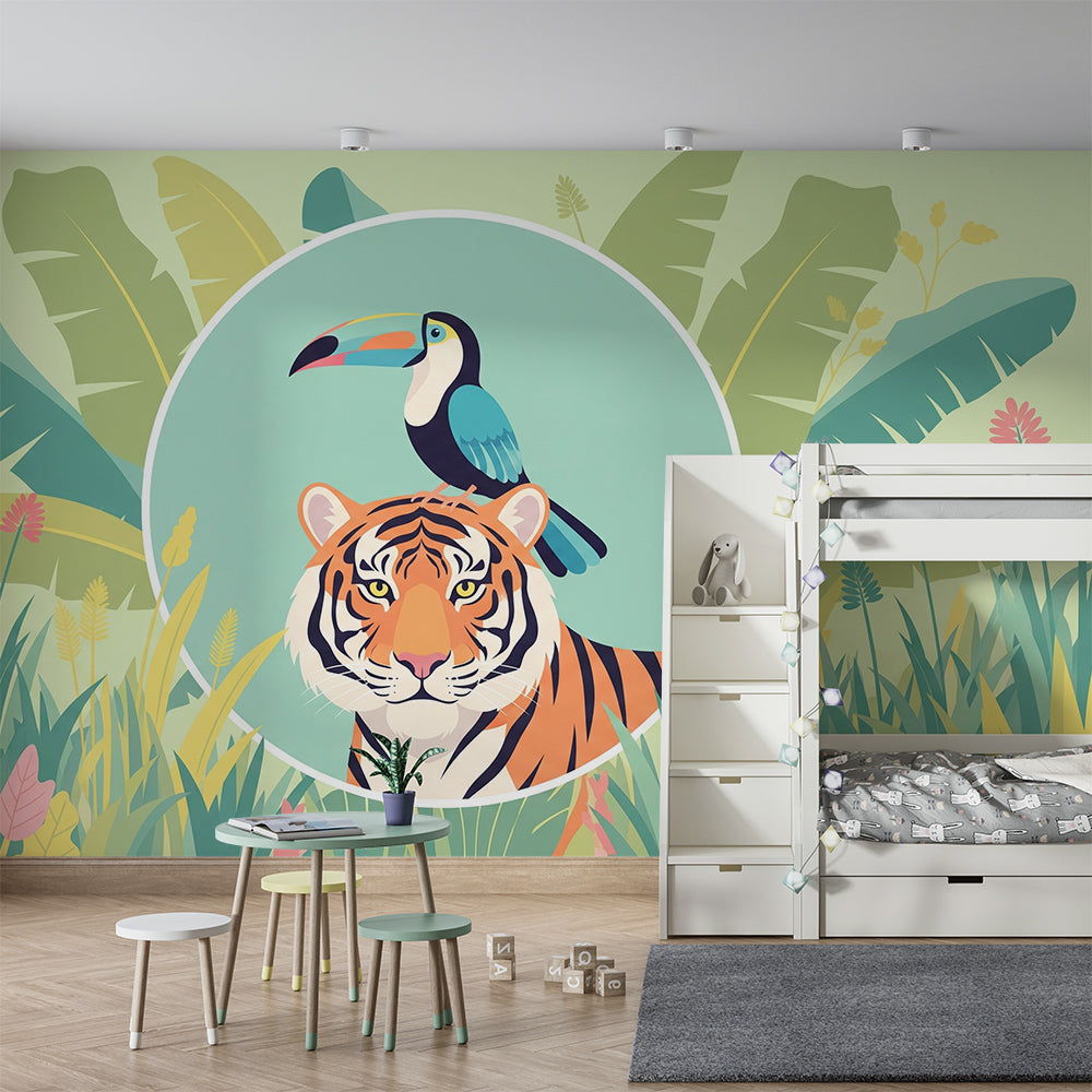 Kids-Mundo jungle animal wall mural with tiger and toucan in a playful children's playroom