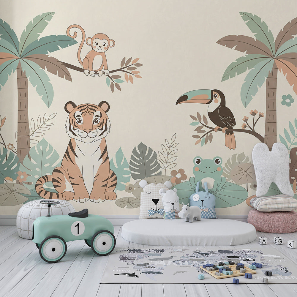 Kids-Mundo tiger and toucan jungle wall mural made to measure for a child's bedroom wall.