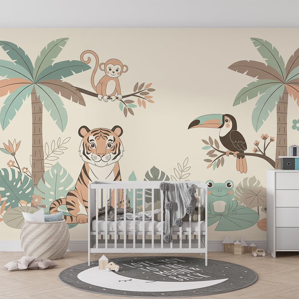 Kids-Mundo jungle animal mural with tiger, monkey and toucan fitted made to measure in a playroom.