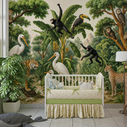 Kids-Mundo tiger and toucan jungle mural adding detail to a lively playroom wall.