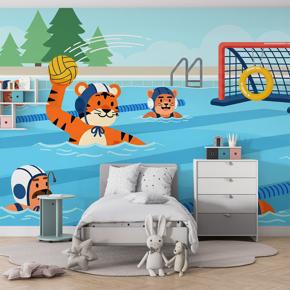 Kids-Mundo animal sports wall mural decorating a playroom wall near a toy chest