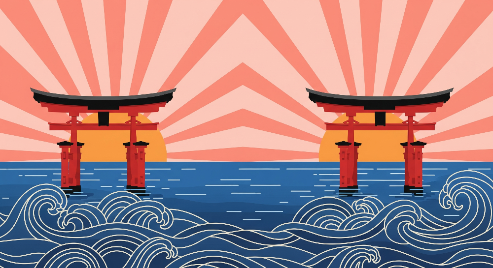 Kids-Mundo flat artwork preview of the torii gate sunset wave wall mural design