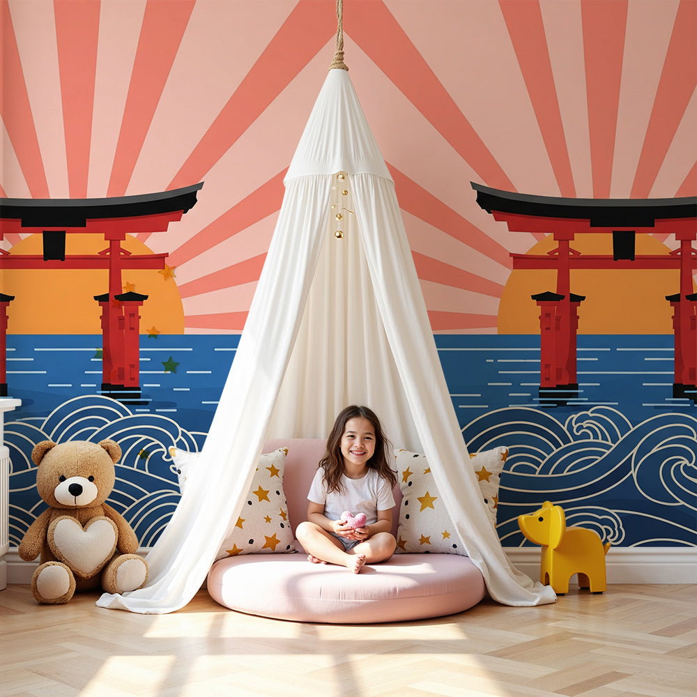 Kids-Mundo torii gate sunset wall mural mounted as a nursery accent wall